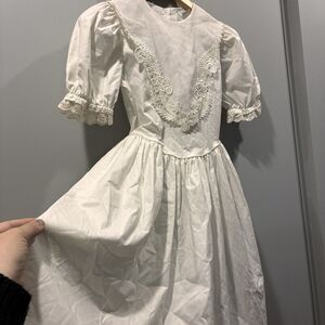 White Prairie Angelcore Dress Floral Lace Appliqué Peter Pan Collar Girls 10 USA